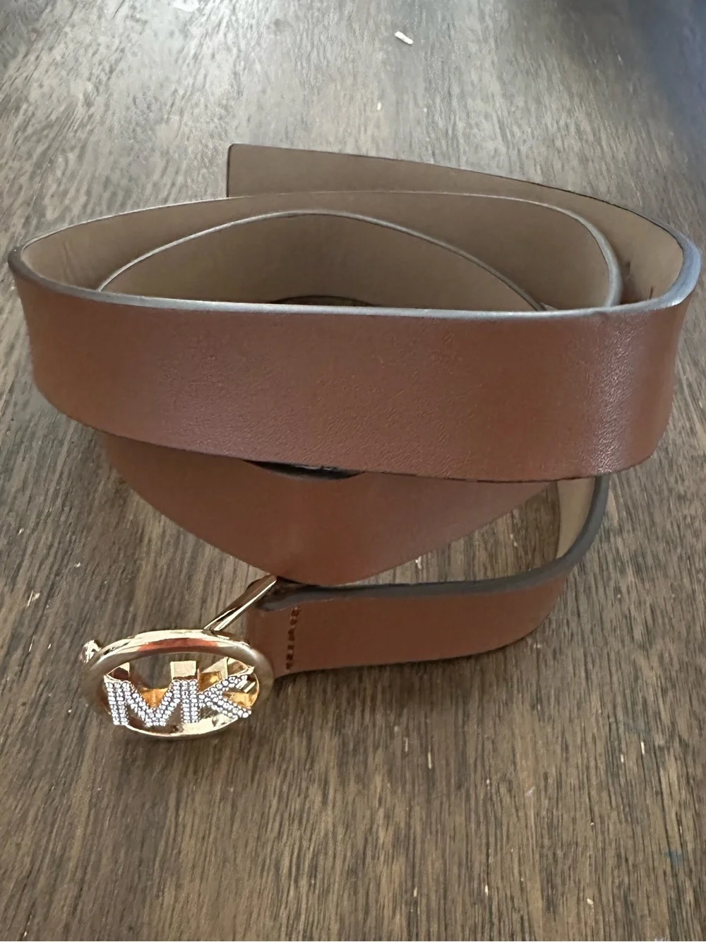 Michael Kors Tan Leather Belt with Gold MK Crystal Buckle size L/Xl new